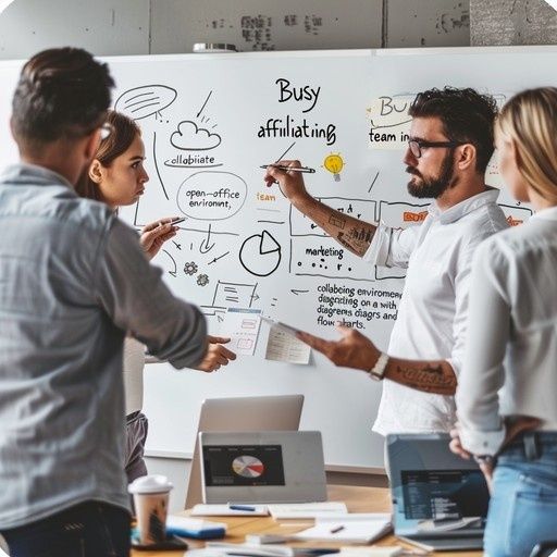Team diskuterar strategi och anteckningar på en whiteboard